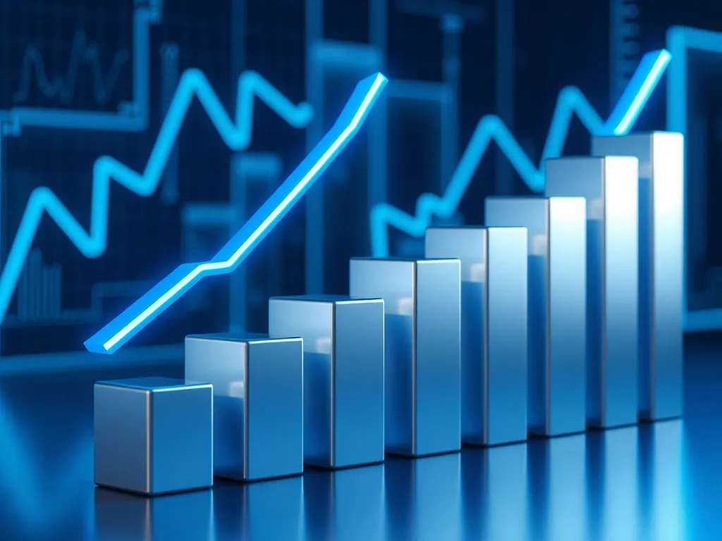 A technical 3D financial visualization showing descending ba