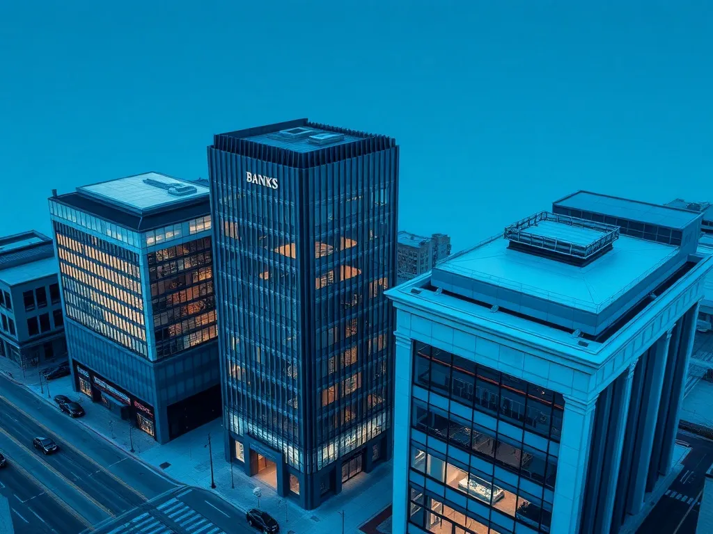 A high-angle architectural shot of modern bank buildings in